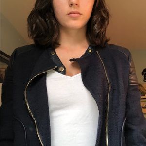 Blue bomber jacket with foe leather